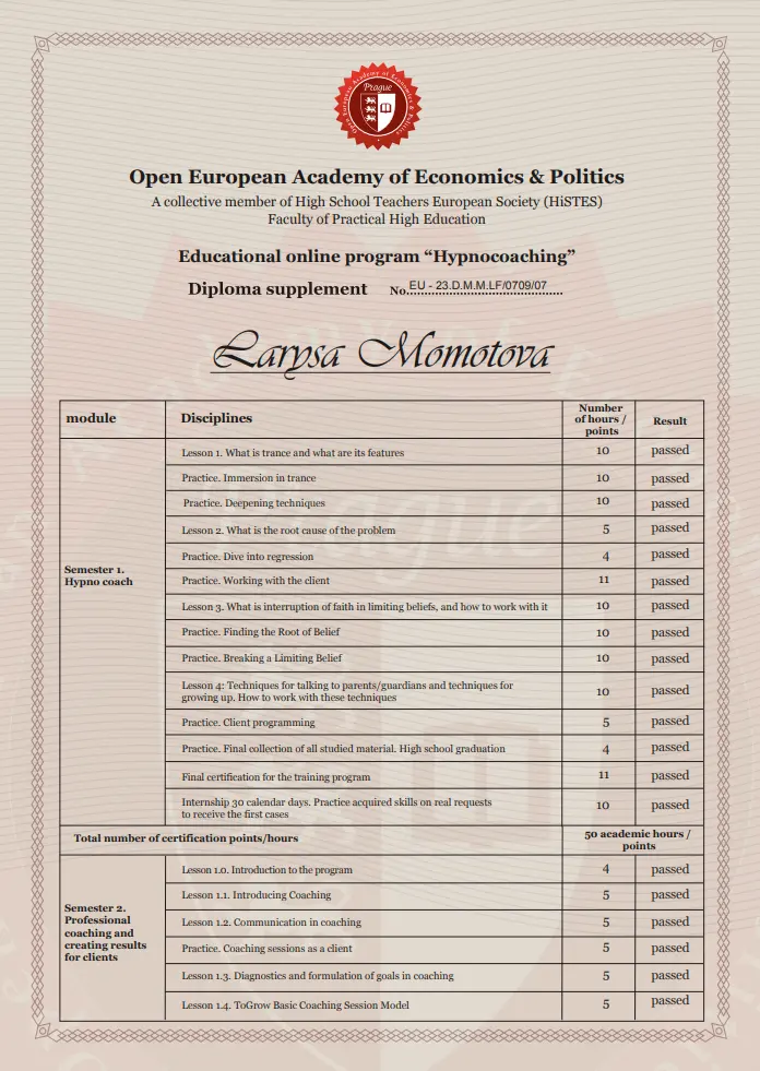 Приложение к сертификату 12